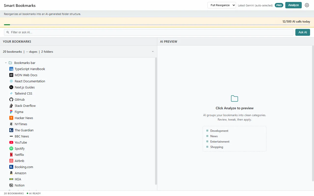 Flat, unsorted bookmark library before AI sorting