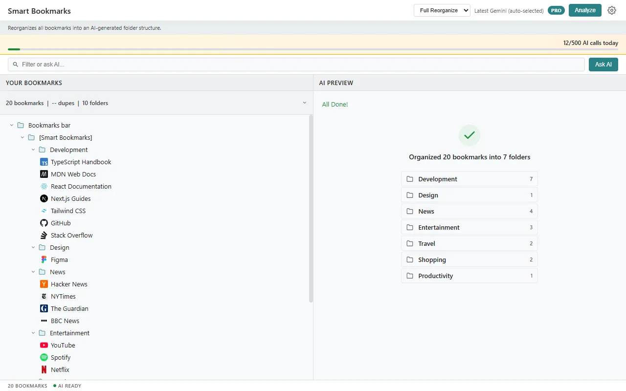 Bookmark library organized into clean folders after one-click sorting